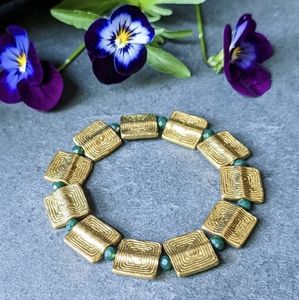 NWT Baizaar Etched Square Brass Beaded Bracelet, Green